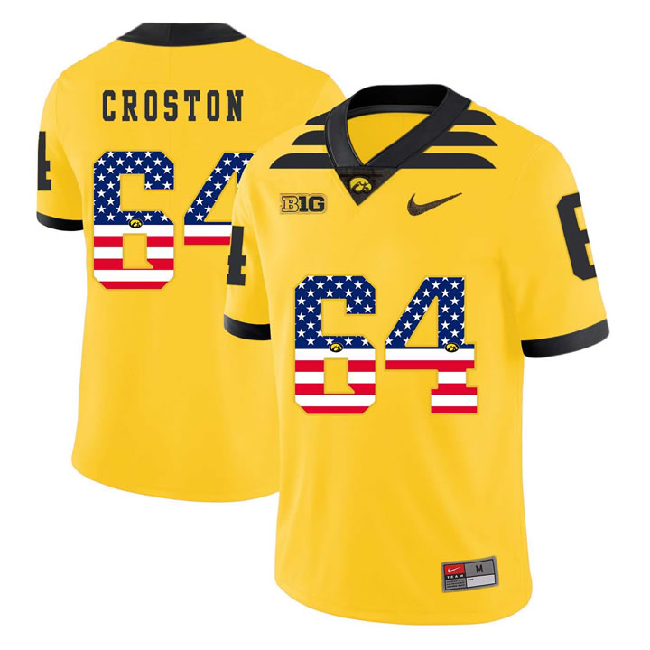 Iowa Hawkeyes 64 Cole Croston Yellow USA Flag College Football Jersey Dyin