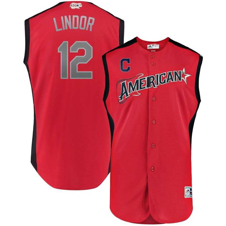 Youth American League 12 Francisco Lindor Red 2019 MLB All Star Game Workout Player Jersey Dzhi