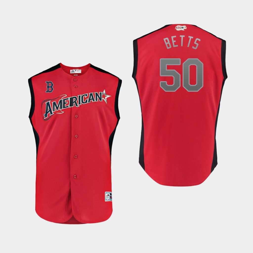 Youth American League 50 Mookie Betts Red 2019 MLB All Star Game Workout Player Jersey Dzhi