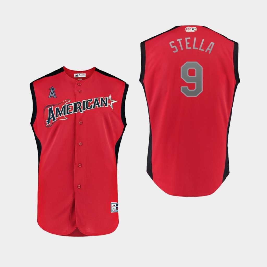 Youth American League 9 Tommy La Stella Red 2019 MLB All Star Game Workout Player Jersey Dzhi