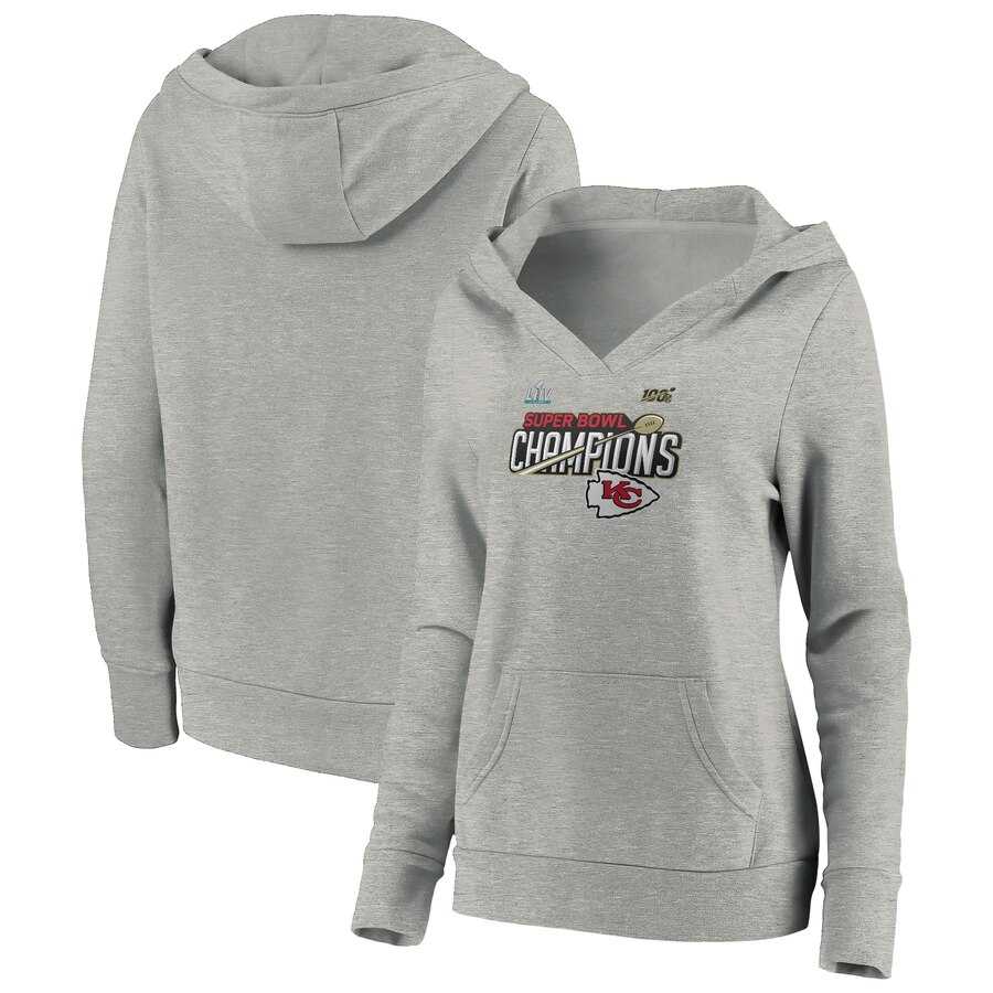Women's Kansas City Chiefs NFL Pro Line by Fanatics Branded Super Bowl LIV Champions Trophy Collection Locker Room Pullover Hoodie Heather Gray