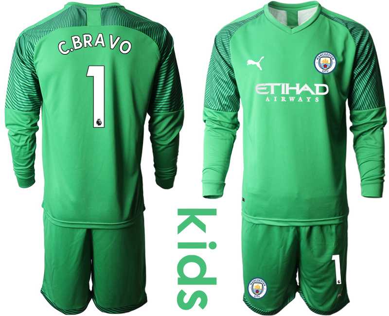 Youth 2019-20 Manchester City 1 C.BRAVO Green Goalkeeper Long Sleeve Soccer Jersey