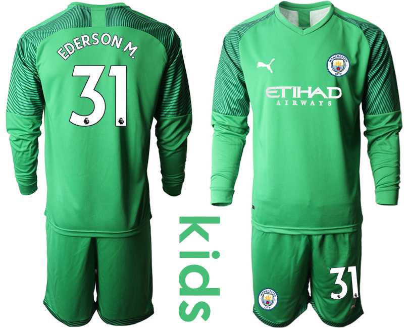 Youth 2019-20 Manchester City 31 EDERSON M. Green Goalkeeper Long Sleeve Soccer Jersey
