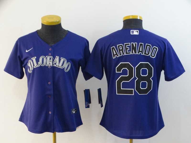 Women Rockies 28 Nolan Arenado Purple 2020 Nike Cool Base Jersey