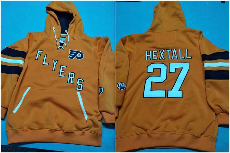 Women Philadelphia Flyers 27 Ron Hextall Orange All Stitched Pullover Hoodie
