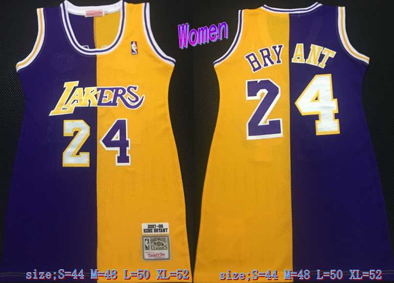 Women Lakers 24 Kobe Bryant Split Yellow Purple 2007-08 Hardwood Classics Jersey