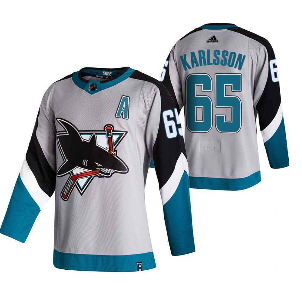San Jose Sharks 65 Erik Karlsson Grey Adidas 2020-21 Reverse Retro Alternate Jersey Dzhi