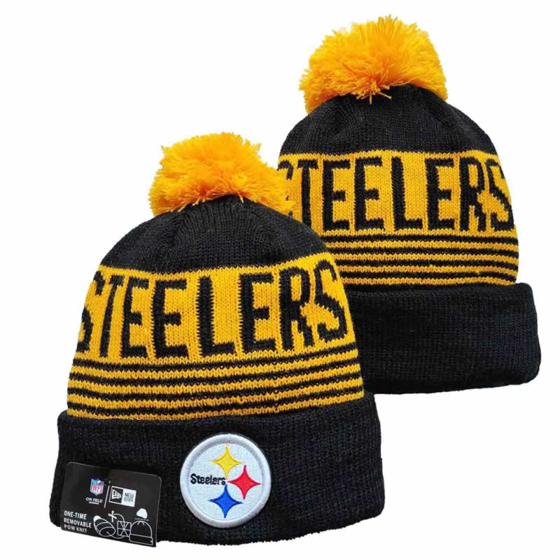 Steelers Team Logo Black Yellow Pom Cuffed Knit Hats YD