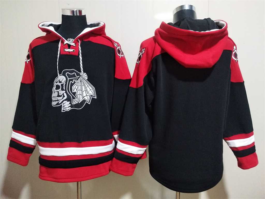 Blackhawks Customized Mens's Black Skull All Stitched Sweatshirt Hoodie