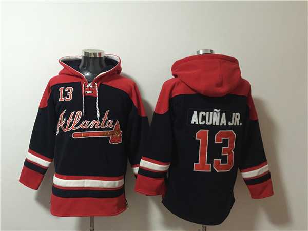 Atlanta Braves #13 Ronald Acuna JR. Navy Red Ageless Must-Have Lace-Up Pullover Hoodie