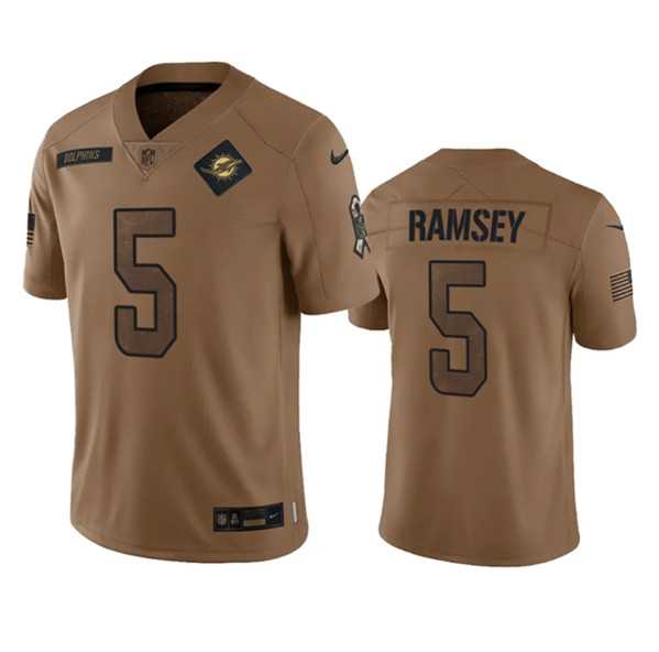 Men's Miami Dolphins #5 Jalen Ramsey 2023 Brown Salute To Service Limited Football Stitched Jersey Dyin