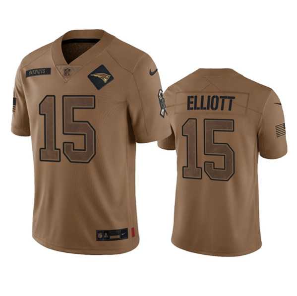 Men's New England Patriots #15 Ezekiel Elliott 2023 Brown Salute To Service Limited Football Stitched Jersey Dyin