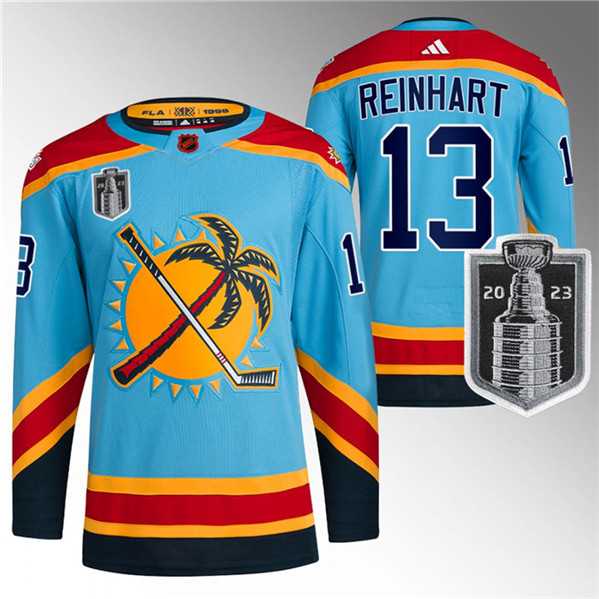 Men's Florida Panthers #13 Sam Reinhart Blue 2023 Stanley Cup Final Reverse Retro Stitched Jersey Dzhi
