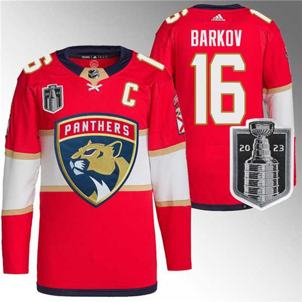 Men's Florida Panthers #16 Aleksander Barkov Red 2023 Stanley Cup Final Stitched Jersey Dzhi