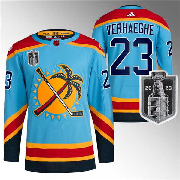 Men's Florida Panthers #23 Carter Verhaeghe Blue 2023 Stanley Cup Final Reverse Retro Stitched Jersey Dzhi