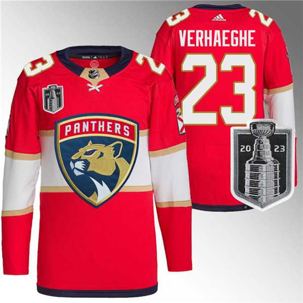 Men's Florida Panthers #23 Carter Verhaeghe Red 2023 Stanley Cup Final Stitched Jersey Dzhi