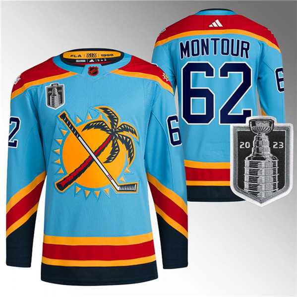 Men's Florida Panthers #62 Brandon Montour Blue 2023 Stanley Cup Final Reverse Retro Stitched Jersey Dzhi