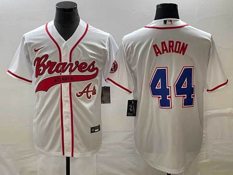 Men's Atlanta Braves #44 Hank Aaron White Cool Base With Patch Stitched Jersey