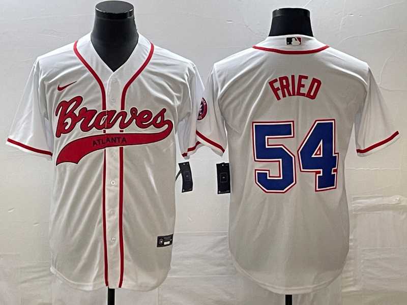 Men's Atlanta Braves #54 Max Fried White Cool Base With Patch Stitched Jersey