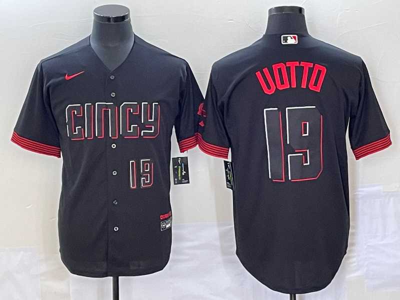 Men's Cincinnati Reds #19 Joey Votto Number Black 2023 City Connect Cool Base Stitched MLB Jersey