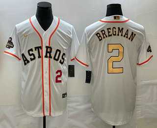 Men's Houston Astros #2 Alex Bregman Number 2023 White Gold World Serise Champions Patch Cool Base Stitched Jerseys