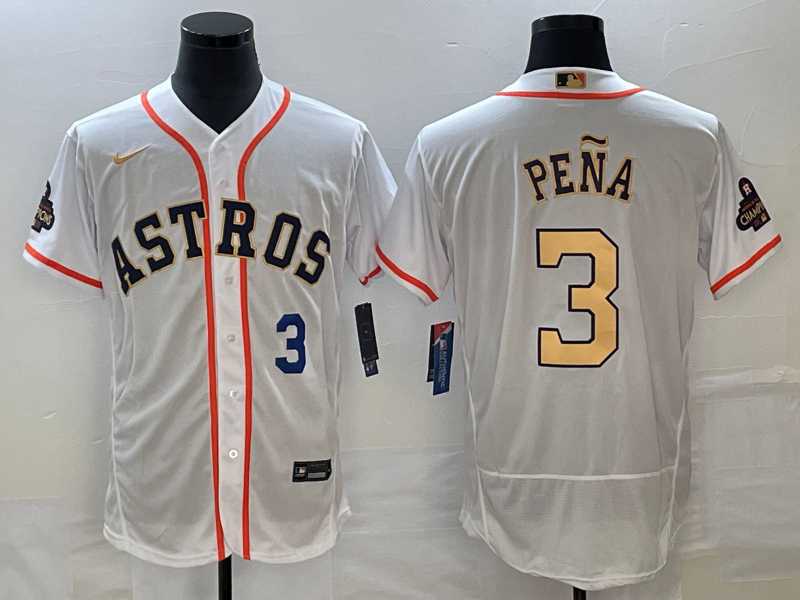 Men's Houston Astros #3 Jeremy Pena Number 2023 White Gold World Serise Champions Patch Flex Base Stitched Jersey