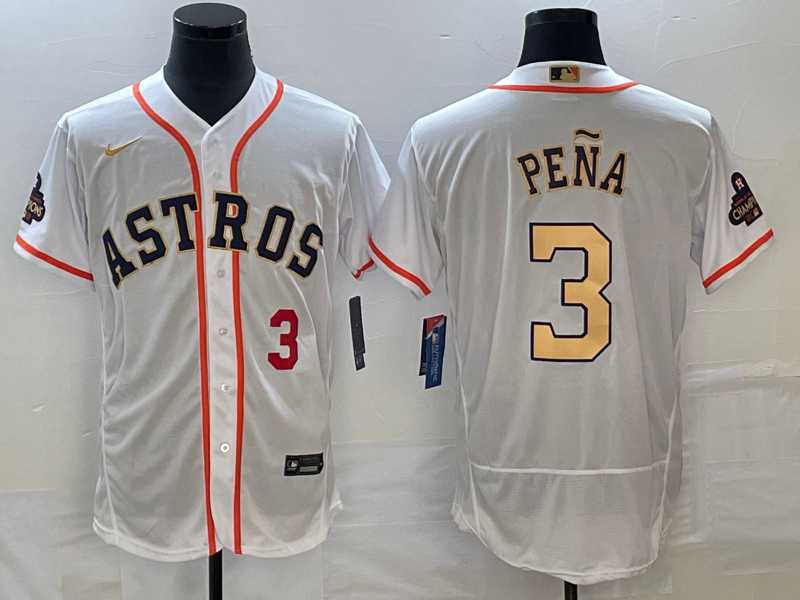 Men's Houston Astros #3 Jeremy Pena Number 2023 White Gold World Serise Champions Patch Flex Base Stitched MLB Jersey