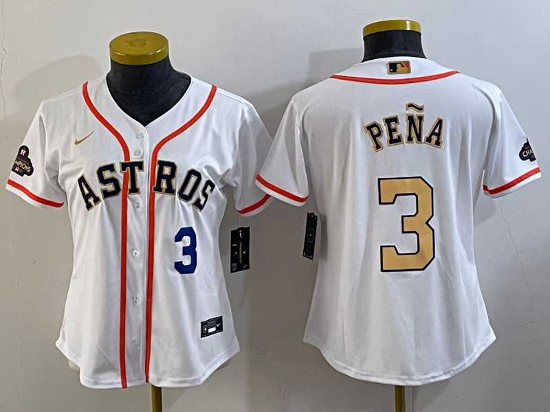 Women's Houston Astros #3 Jeremy Pena Number 2023 White Gold World Serise Champions Patch Cool Base Jersey
