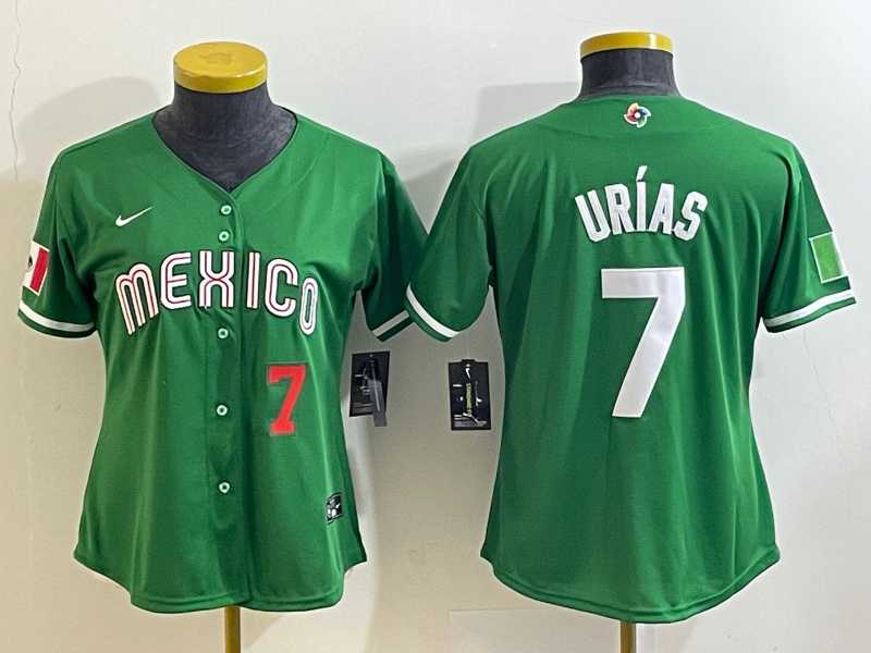 Women's Mexico Baseball #7 Julio Urias Number 2023 Green World Classic Stitched Jersey1