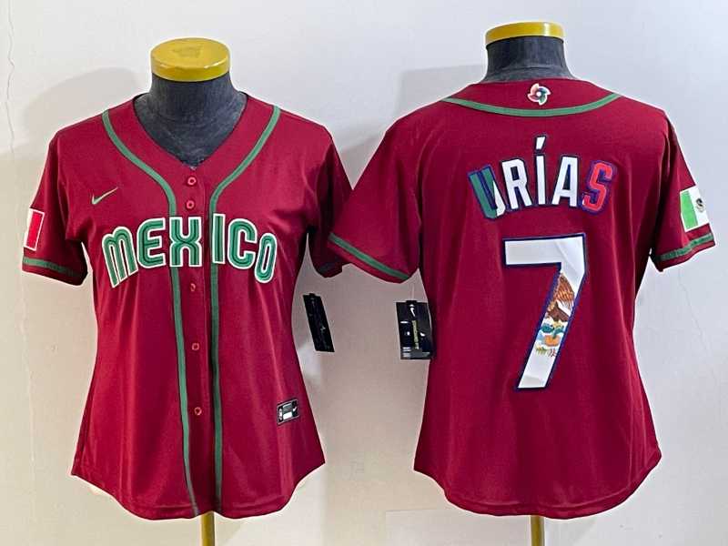 Women's Mexico Baseball #7 Julio Urias Number 2023 Red World Baseball Classic Stitched Jersey10