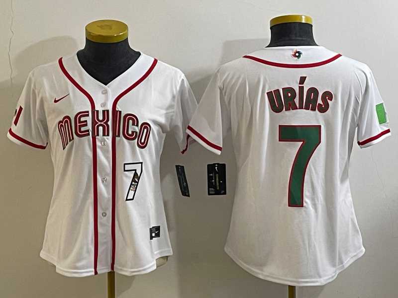 Women's Mexico Baseball #7 Julio Urias Number 2023 White World Classic Stitched Jersey4