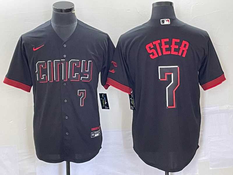 Men's Cincinnati Reds #7 Spencer Steer Numer Black 2023 City Connect Cool Base Stitched Baseball Jersey 1