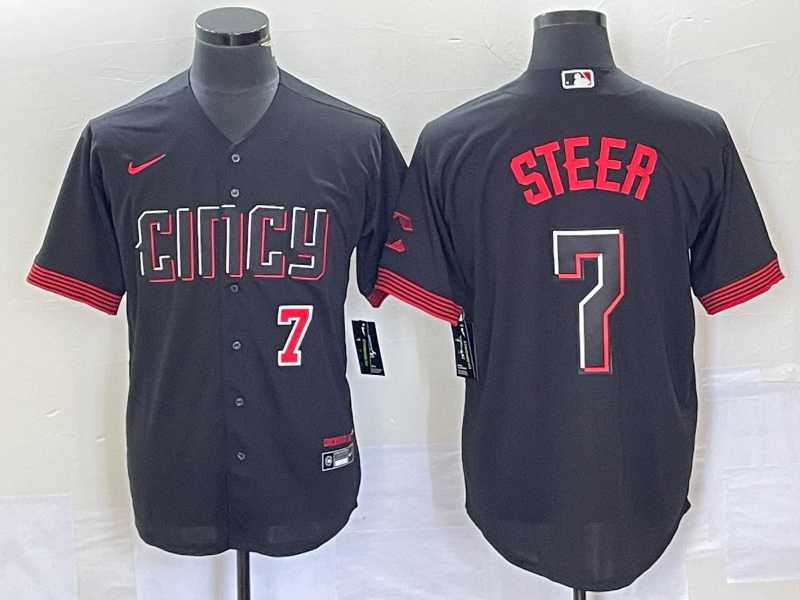 Men's Cincinnati Reds #7 Spencer Steer Numer Black 2023 City Connect Cool Base Stitched Baseball Jersey