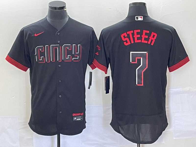 Men's Cincinnati Reds Spencer Steer Black 2023 City Connect Flex Base Stitched Jersey 1