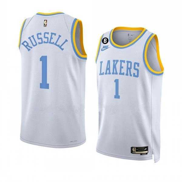 Men's Los Angeles Lakers #1 Russell 2022-23 White Classic Edition With No.6 Patch Stitched Basketball Jersey Dzhi Dzhi