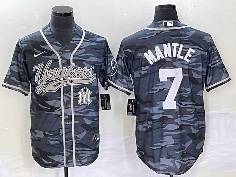 Men's New York Yankees #7 Mickey Mantle Grey Camo Cool Base With Patch Baseball Jersey