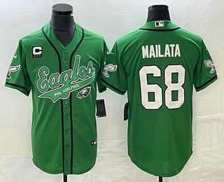 Men's Philadelphia Eagles #68 Jordan Mailata Green C Patch Cool Base Stitched Baseball Jersey