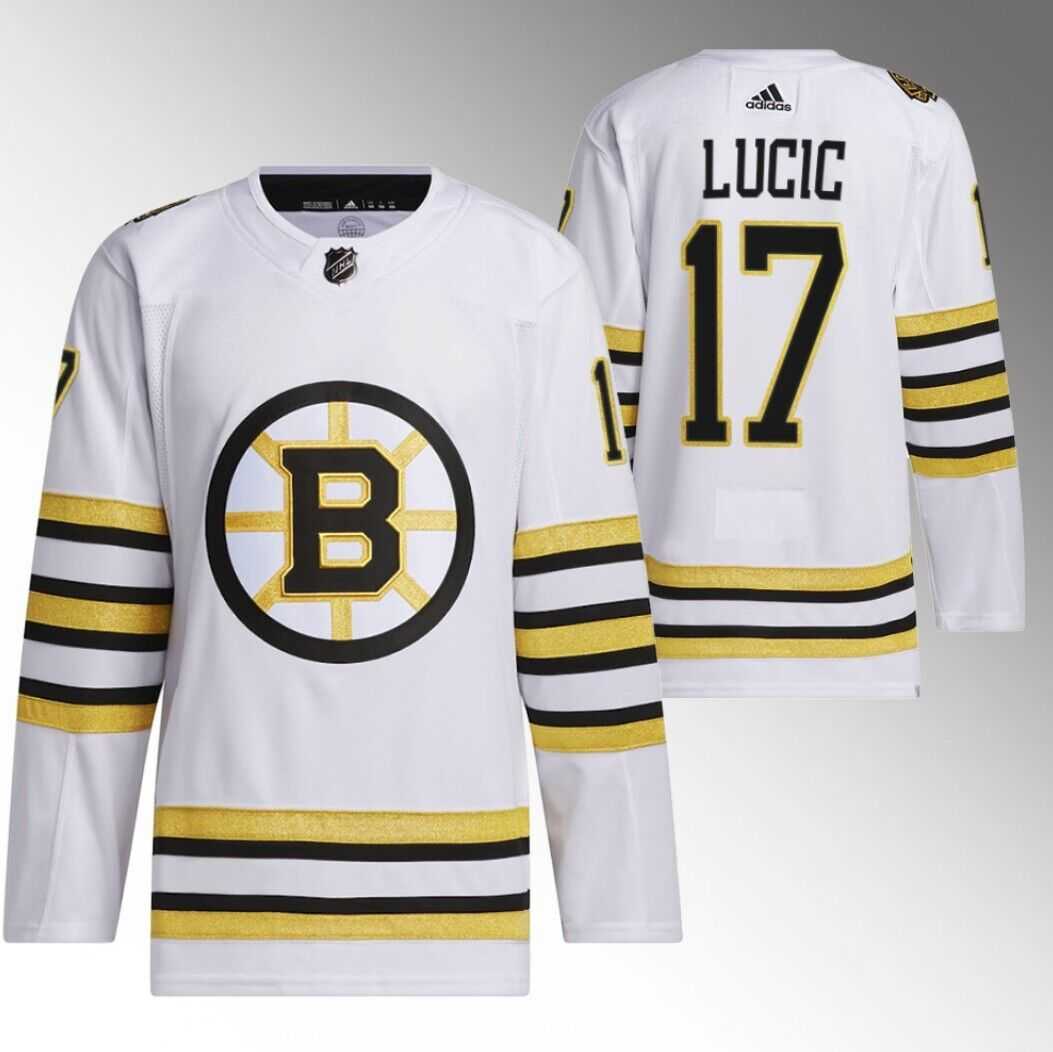 Men's Boston Bruins #17 Milan Lucic White 100th Anniversary Stitched Jersey Dzhi