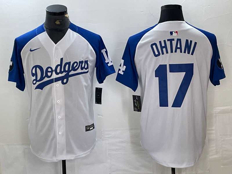 Men's Los Angeles Dodgers #17 Shohei Ohtani White Blue Fashion Stitched Cool Base Limited Jerseys
