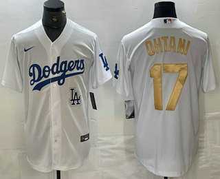 Men's Los Angeles Dodgers #17 Shohei Ohtani White Gold Stitched Cool Base Nike Jersey