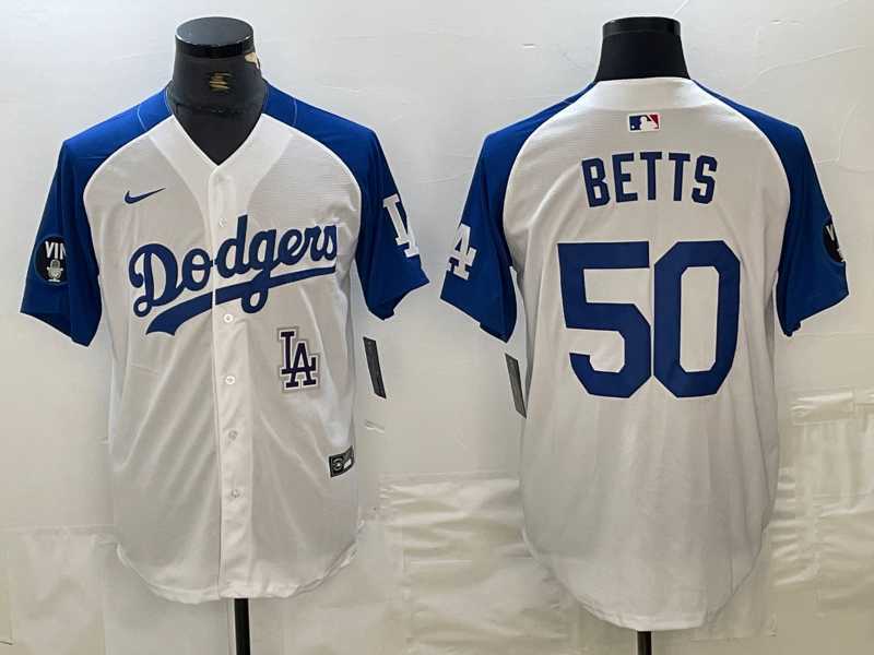 Men's Los Angeles Dodgers #50 Mookie Betts White Blue Fashion Stitched Cool Base Limited Jersey