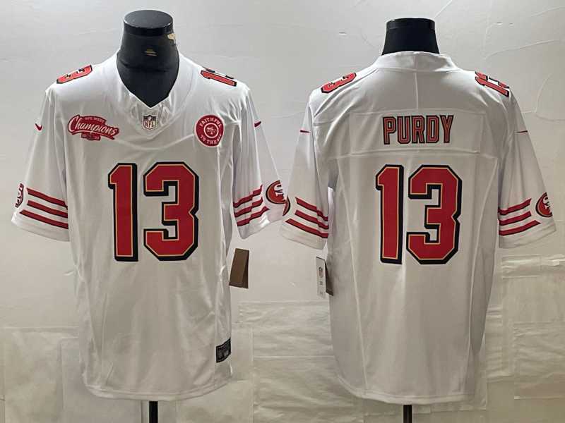 Men's San Francisco 49ers #13 Brock Purdy White 2023 FUSE NFC West Champions Patch Throwback Stitched Jersey Dzhi