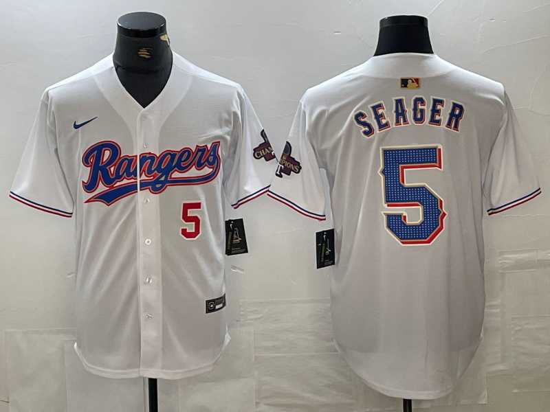 Men's Texas Rangers #5 Corey Seager Number White 2023 World Series Champions Cool Base Jersey