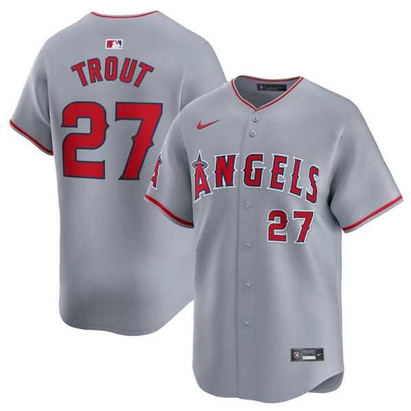 Men's Los Angeles Angels #27 Mike Trout Gray Away Limited Baseball Stitched Jersey Dzhi