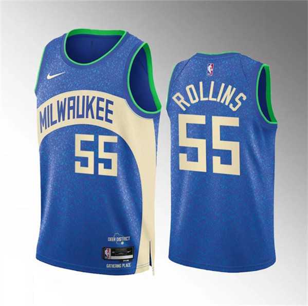 Men's Milwaukee Bucks #55 Ryan Rollins 2023-24 Blue City Edition Stitched Basketball Jersey Dzhi