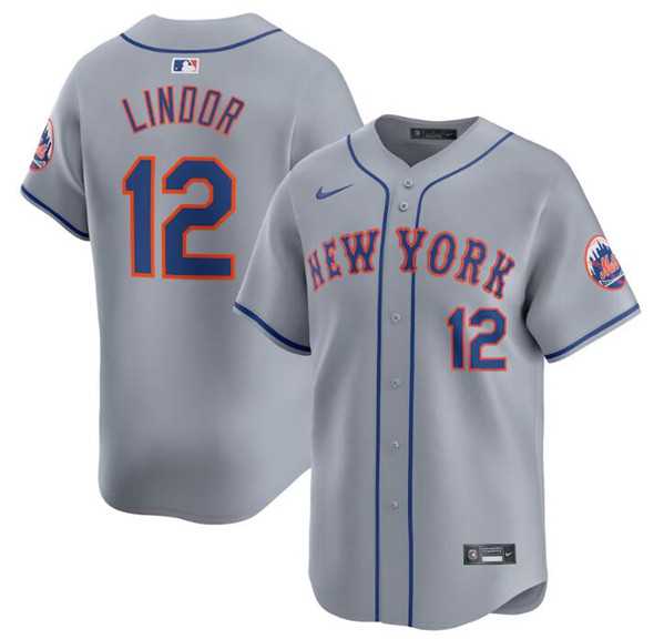 Men's New York Mets #12 Francisco Lindor 2024 Gray Away Limited Stitched Baseball Jersey Dzhi