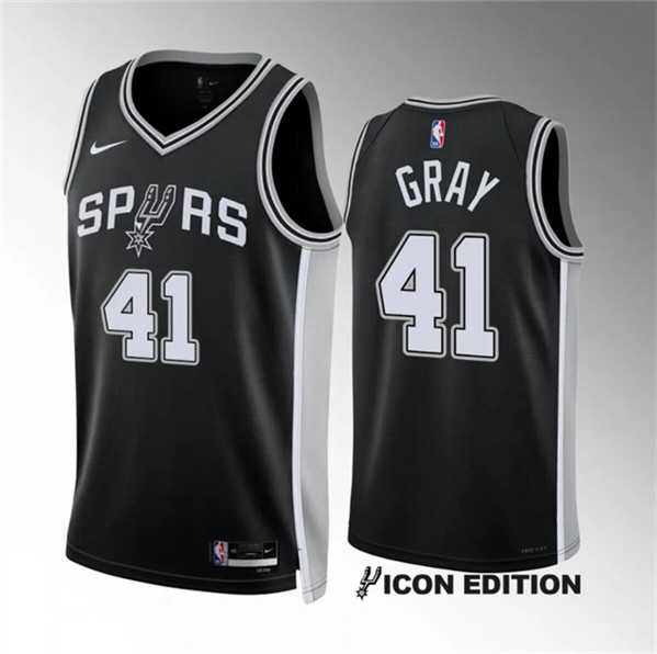 Men's San Antonio Spurs #41 Raiquan Gray Black 2022-23 Icon Edition Stitched Basketball Jersey Dzhi