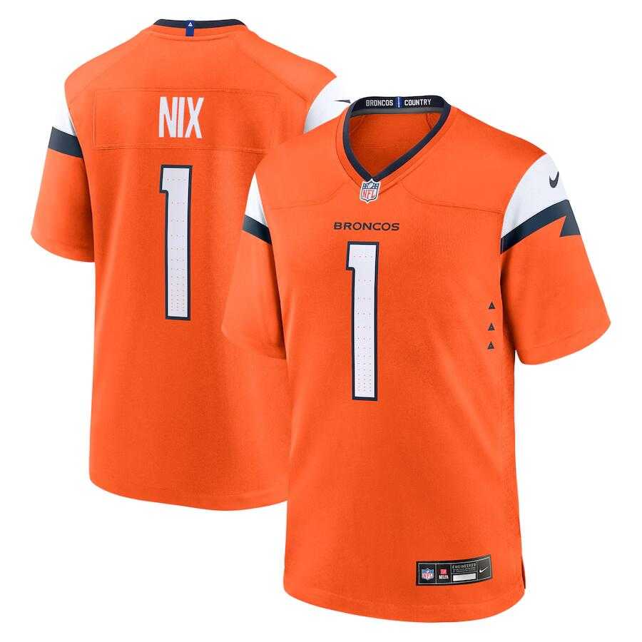 Men's Denver Broncos #1 Bo Nix Orange 2024 Game Stitched Jersey Dzhi