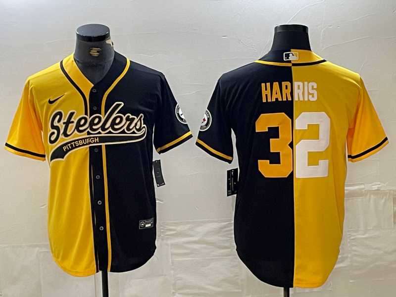 Men's Pittsburgh Steelers #22 Najee Harris Yellow Black Split With Patch Cool Base Stitched Baseball Jersey Dzhi