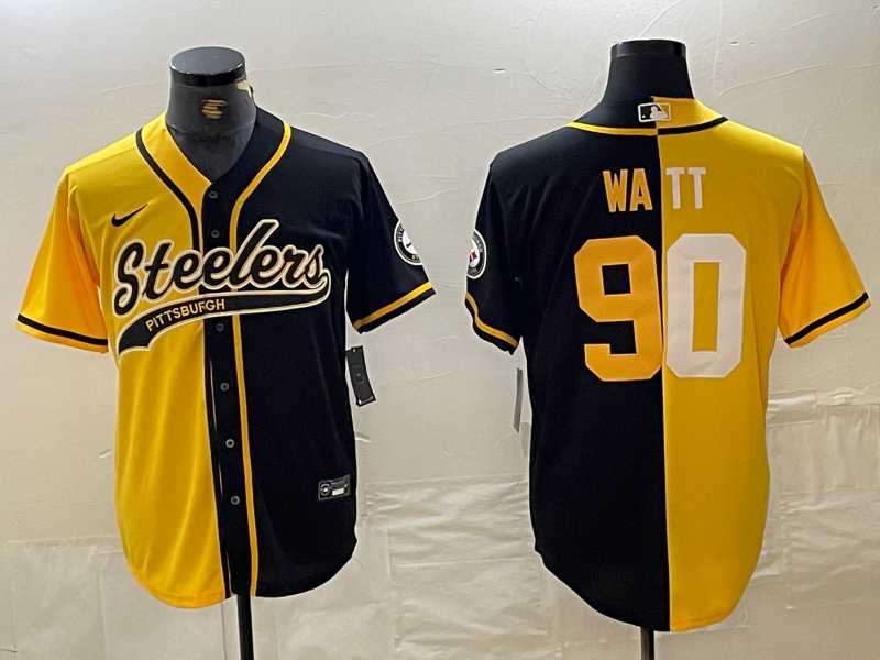 Men's Pittsburgh Steelers #90 TJ Watt Yellow Black Split With Patch Cool Base Stitched Baseball Jersey Dzhi